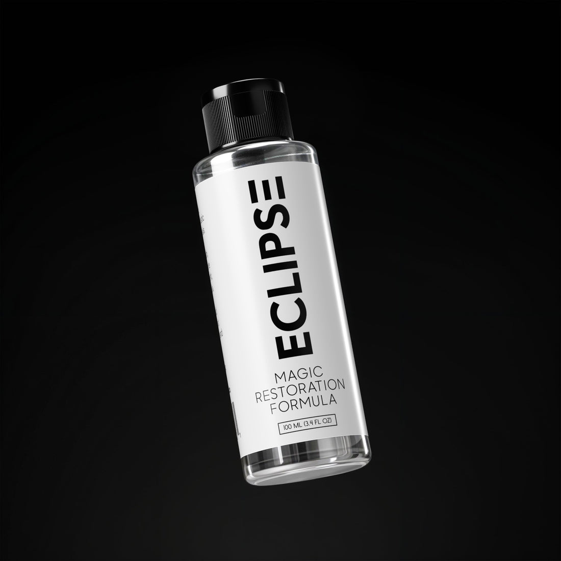 Bottle of Eclipse Magic Restoration Formula on a black background