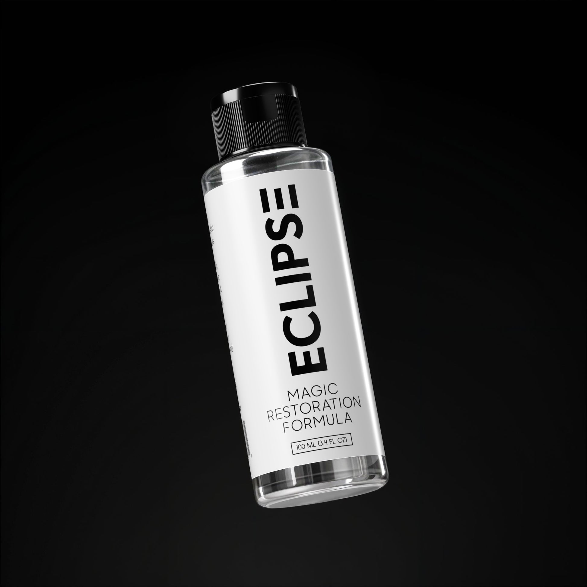 Bottle of Eclipse Magic Restoration Formula on a black background